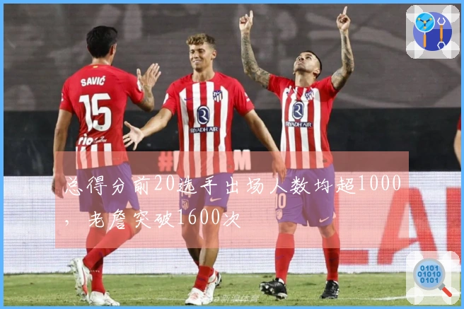 总得分前20选手出场人数均超1000，老詹突破1600次